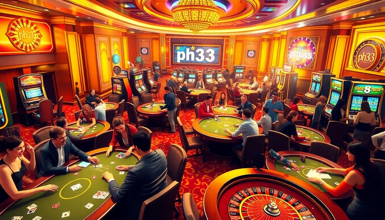 Experience thrilling moments at ph33 casino tables, showcasing exciting gameplay with vibrant lights and joyful gamblers.