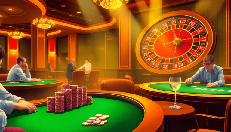 Kuwin casino showcasing poker tables and roulette wheel in an upscale environment.