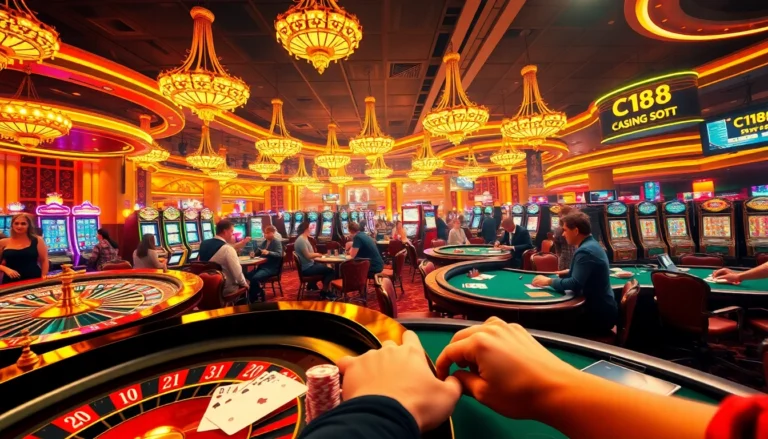 Experience the thrilling atmosphere at c168 casino with vibrant roulette, eager players, and colorful slot machines.
