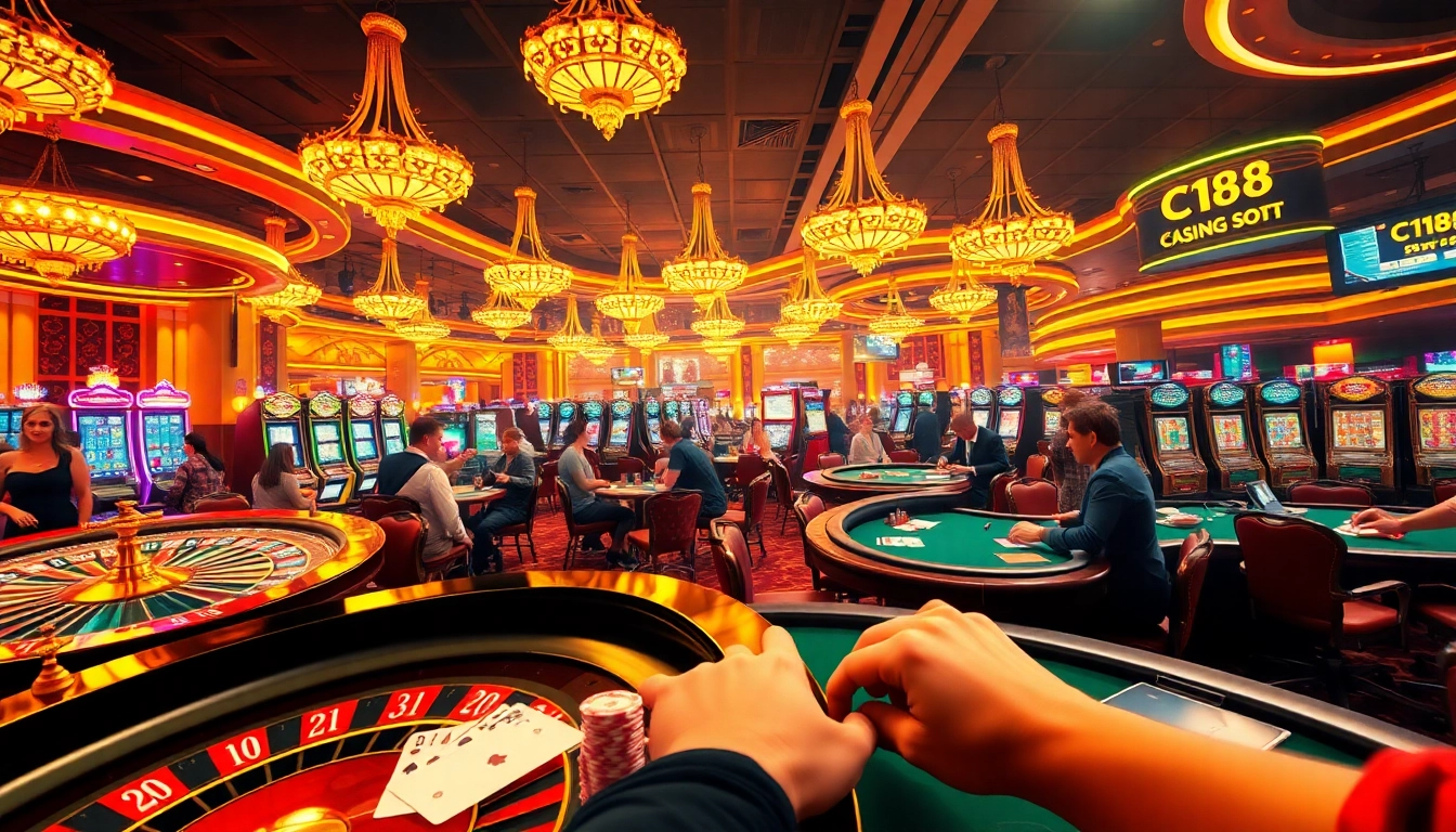 Experience the thrilling atmosphere at c168 casino with vibrant roulette, eager players, and colorful slot machines.