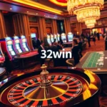32win casino scene with vibrant tables, roulette wheel, and lively players.