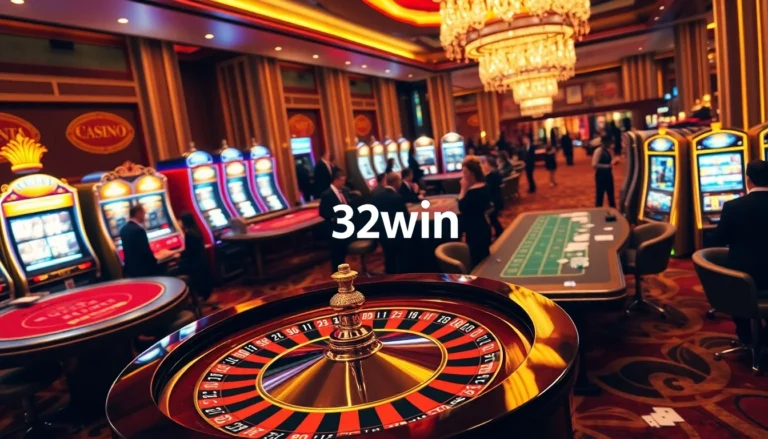 32win casino scene with vibrant tables, roulette wheel, and lively players.
