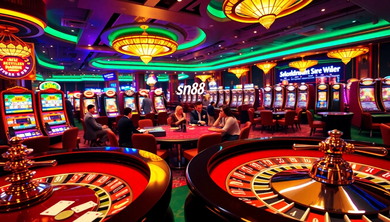 Experience the excitement of sn88 casino with vibrant poker tables and roulette wheels.