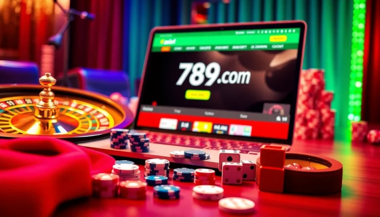 Explore the exciting online casino environment of 789f.com with interactive gaming tables and colorful slot machines.