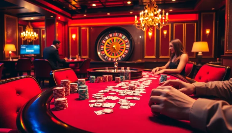 Players engage in high-stakes poker at f8bet, with colorful chips and a roulette wheel, capturing the excitement of online gambling.