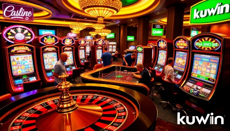 KUWIN casino scene filled with excitement as players engage in roulette, showcasing vibrant slot machines.
