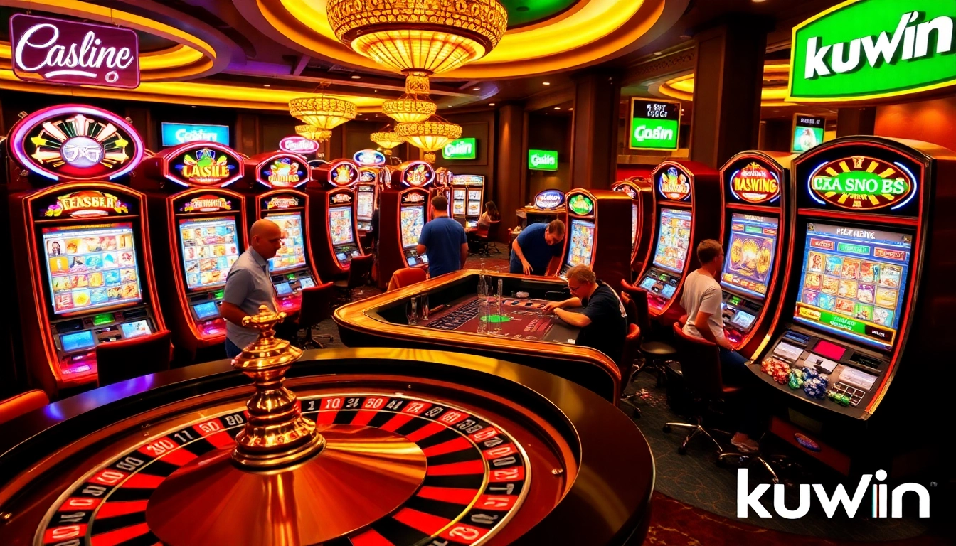 KUWIN casino scene filled with excitement as players engage in roulette, showcasing vibrant slot machines.