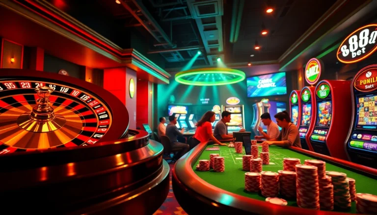 88 bet gaming scene with players around a roulette wheel and colorful slot machines, embodying the thrill of casino action.