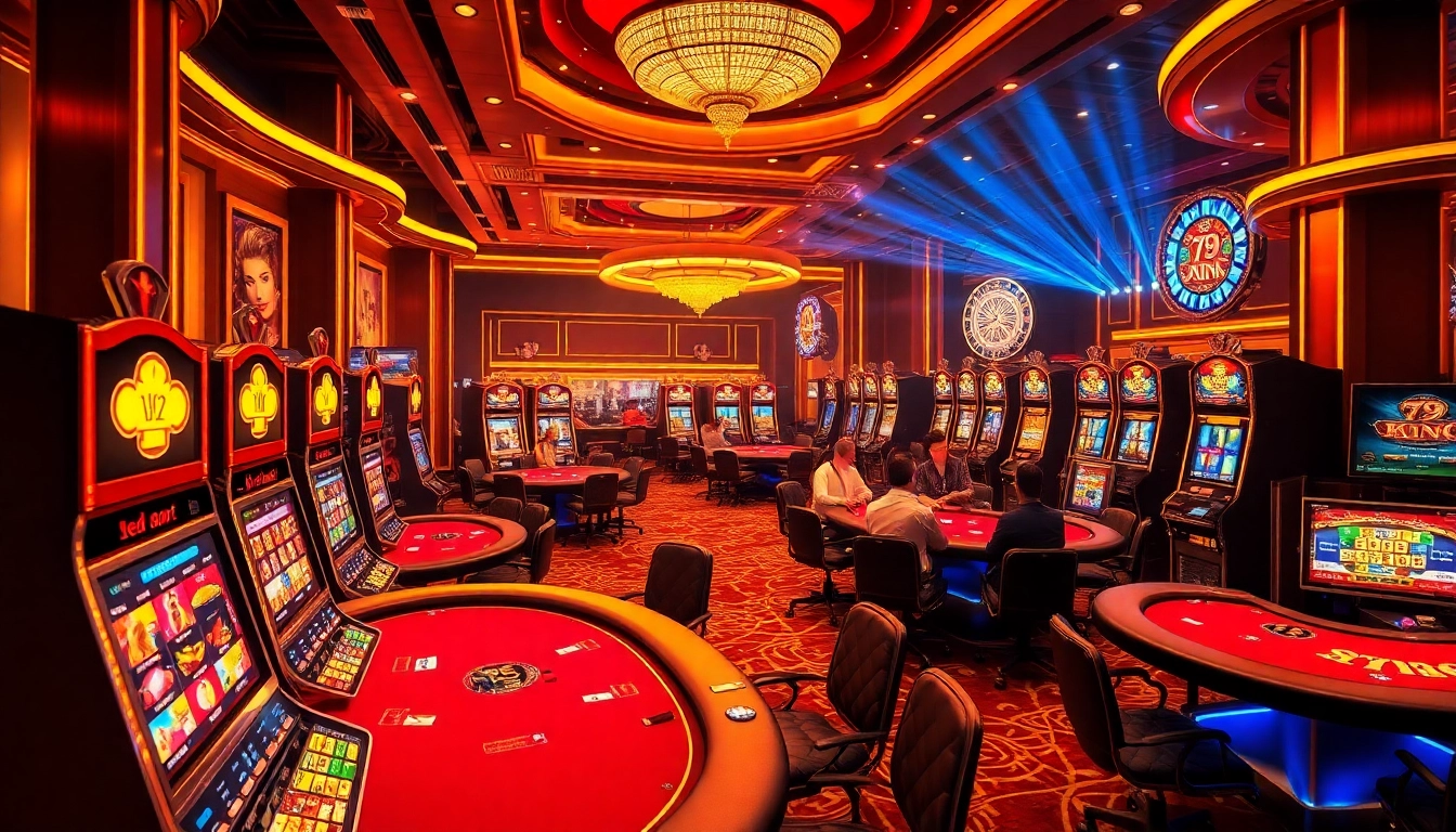 Explore the exhilarating atmosphere of 79 King Casino, featuring vibrant poker tables and exciting slot machines.