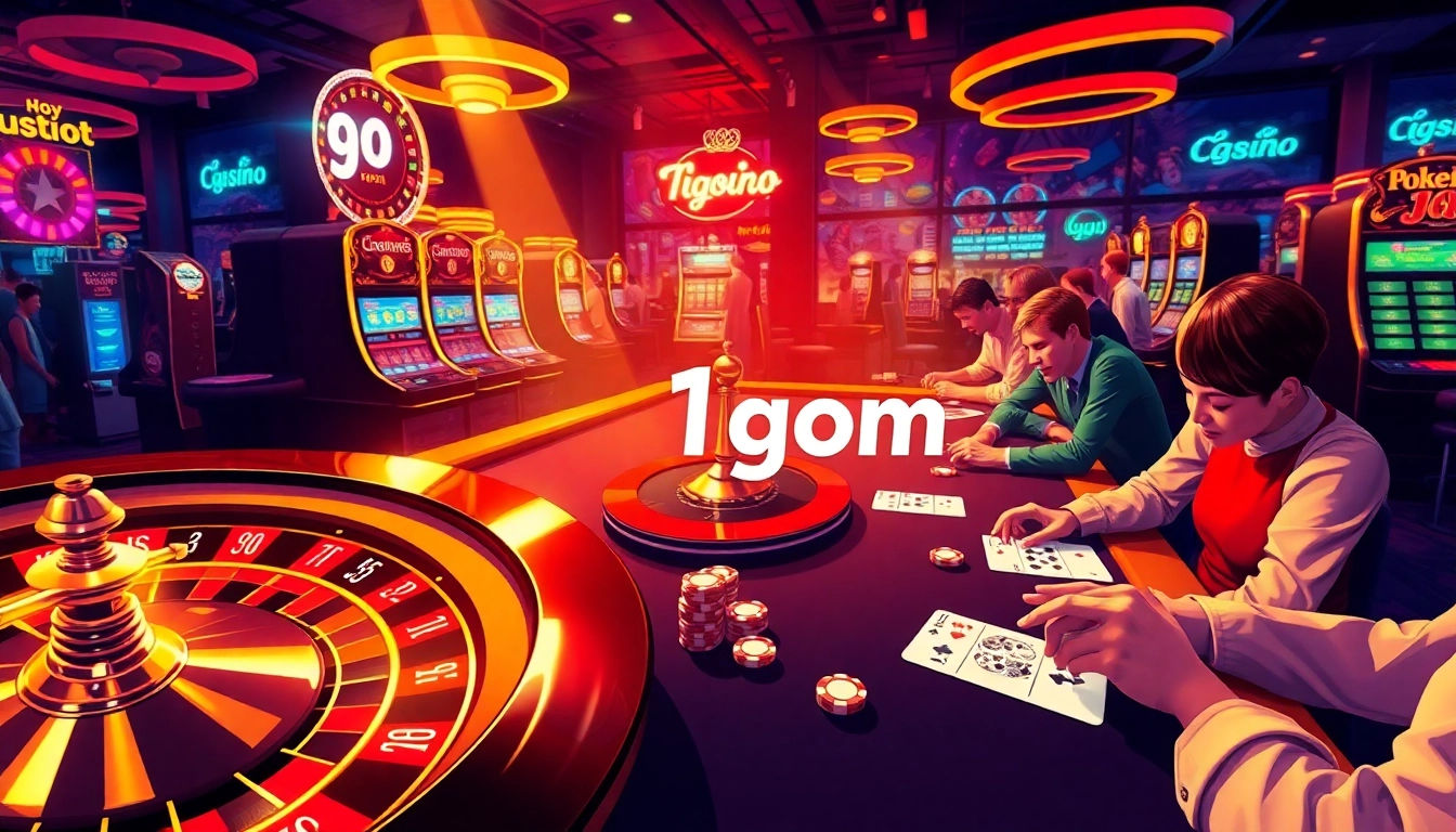 Players enjoying a thrilling game of poker in a glamorous casino setting, with 1gom symbolizing excitement in the air.