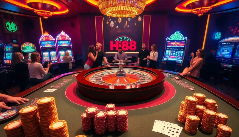 Players enjoying games at Hi88 casino with roulette and slot machines in a vibrant atmosphere.