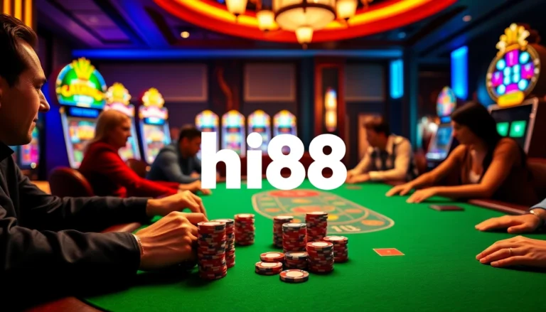 Players enjoying an exciting game at an upscale Hi88 online casino, showcasing vibrant slot machines.