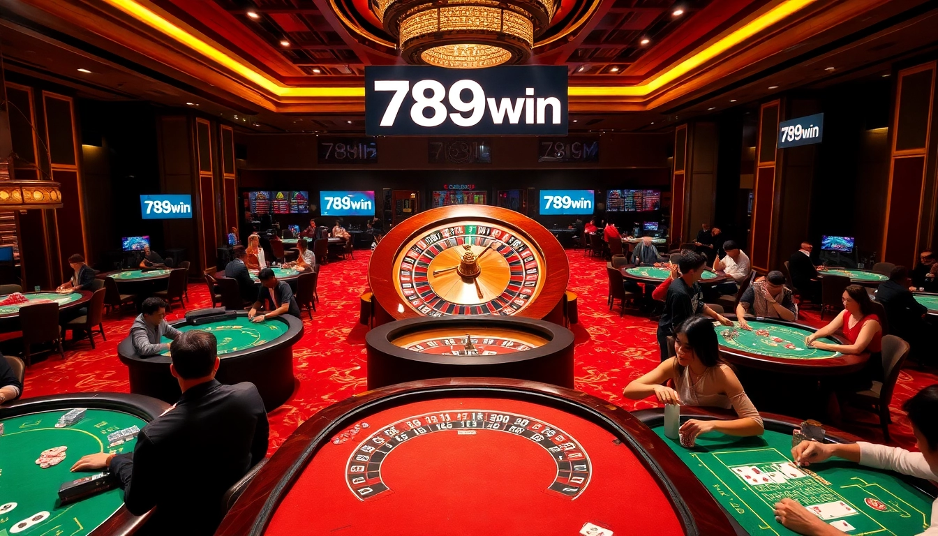 Experience the thrill of đăng nhập 789win at vibrant casino tables with excited gamblers and spinning roulette wheels.