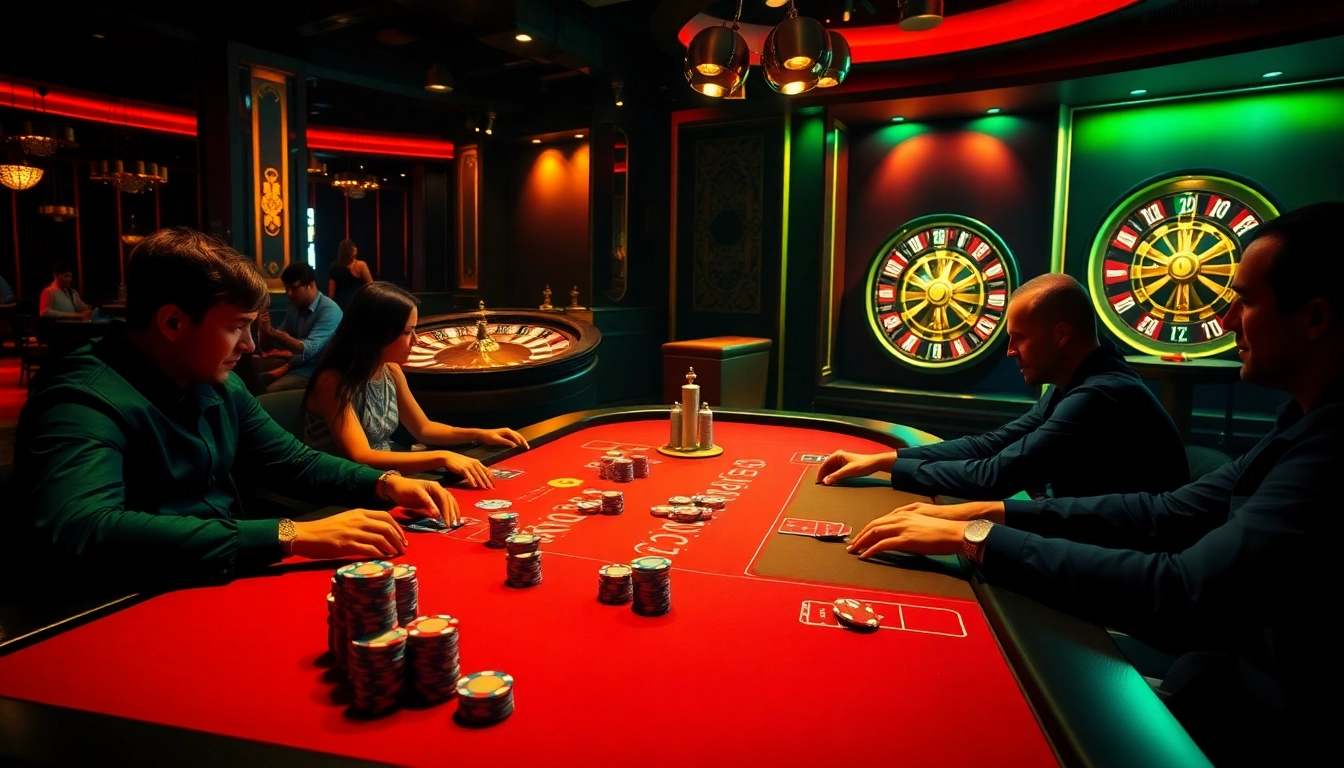 ea77 captures a thrilling poker game atmosphere with intense players, colorful chips, and a roulette wheel.